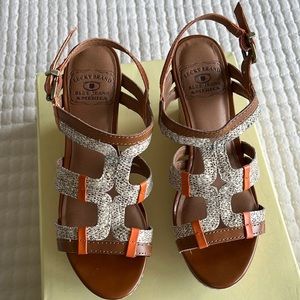 Wedge sandals - Lucky Brand - size 6 - cork heel, unique orange + snakeskin look